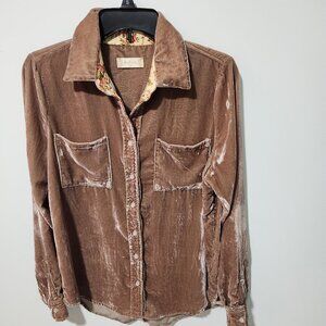 Altar'd State Long Sleeve Velvet Look Button Down Brown BOHO Shirt Blouse Small